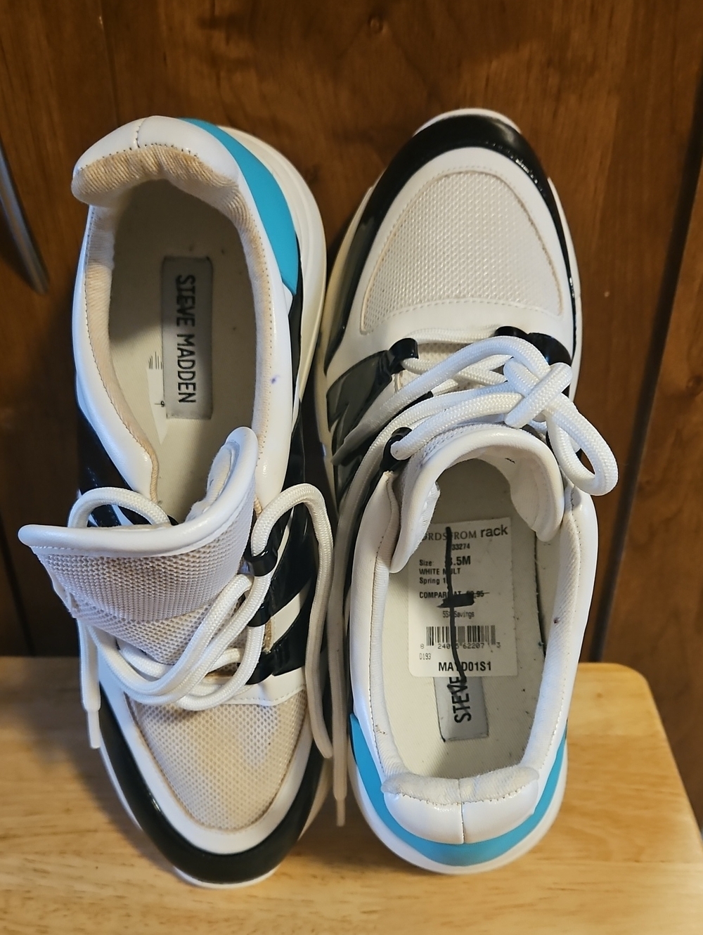 Steve Madden Mayday White And Black Sneakers with Blue Heel Accents